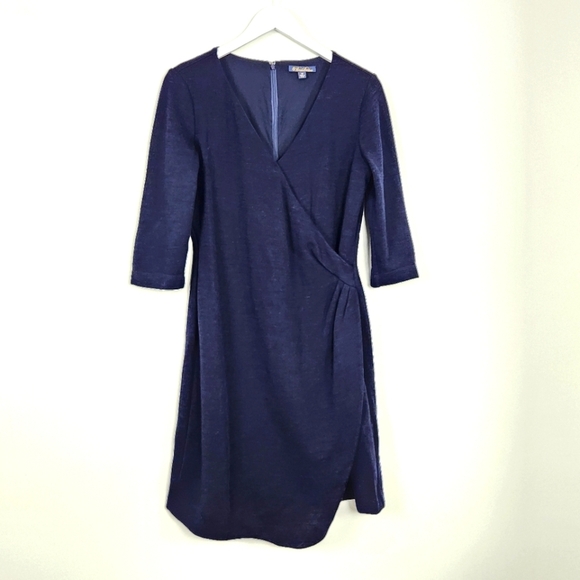Brooks Brothers Navy Blue Wool Blend V-Neck Wrap Dress Size 10 - Picture 1 of 10